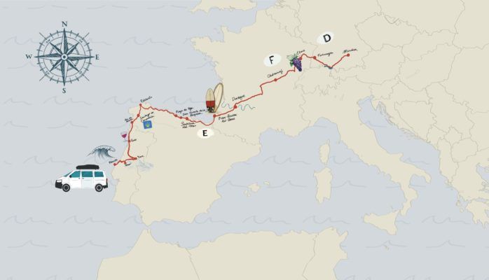 Die Route von Franzeks Reisen durch Frankreich, Spanien und Portugal