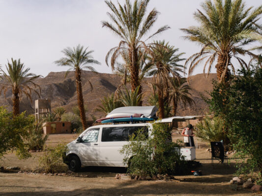 Campervan am Campingplatz zwischen Palmen