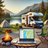 A-scenic-camping-scene-where-a-modern-camper-van-is-parked-near-a-lake-or-in-the-mountains.-On-a-small-camping-table-beside-the-camper-there-is-a-lap