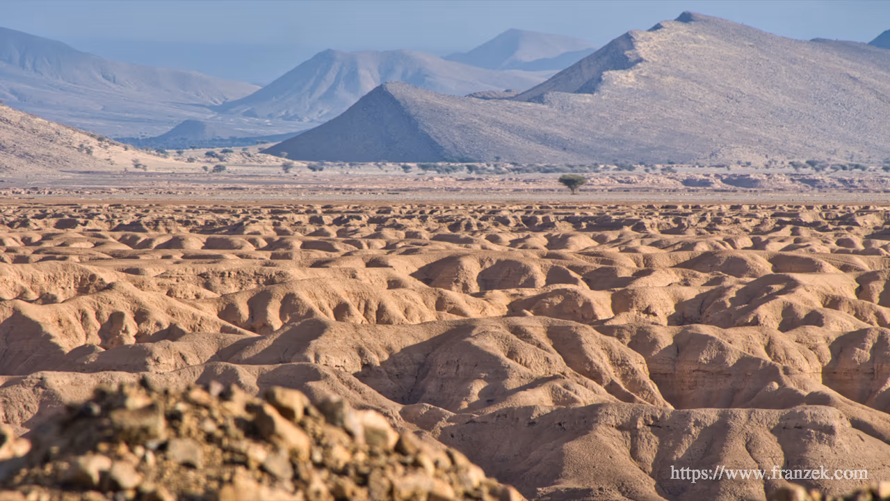 Süd-Marokko Mietwagen-Route: Kosten & Tipps (Anti-Atlas) 33 Weitwinkelaufnahme einer Wüstenlandschaft mit stark erodiertem Boden. Im Vordergrund ein Feld aus unzähligen kleinen, ockerfarbenen Erdhügeln, die eine wellenartige Struktur bilden. Dahinter eine weite Ebene mit einem einzelnen Baum und einer bläulichen Gebirgskette am Horizont.