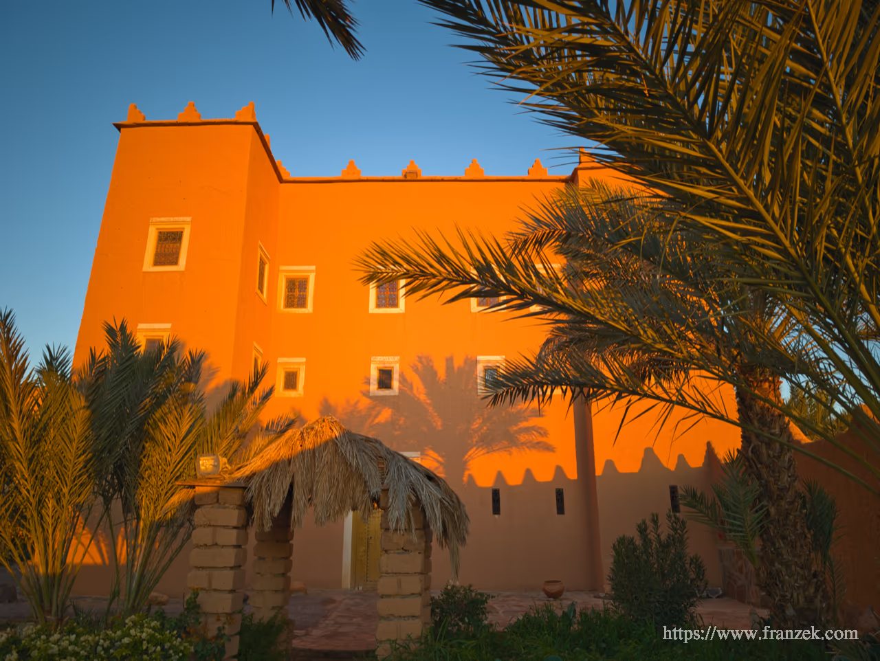 Süd-Marokko Mietwagen-Route: Kosten & Tipps (Anti-Atlas) 52 Die leuchtend orange-ockere Fassade der restaurierten Kasbah Baha Baha in N’Kob. Im Vordergrund sind grüne Palmwedel im warmen, tiefstehenden Sonnenlicht zu sehen.